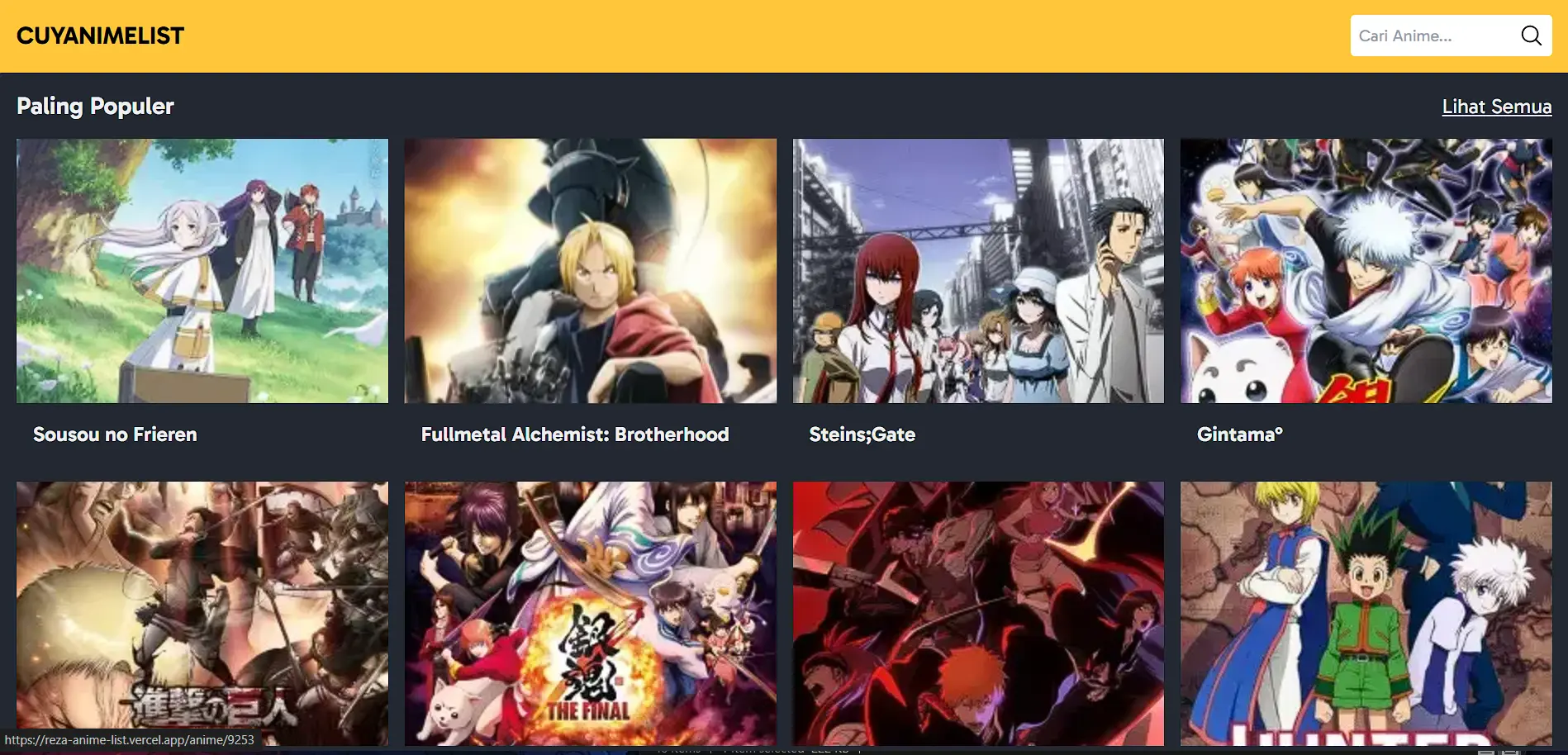 Tampilan aplikasi Anime List